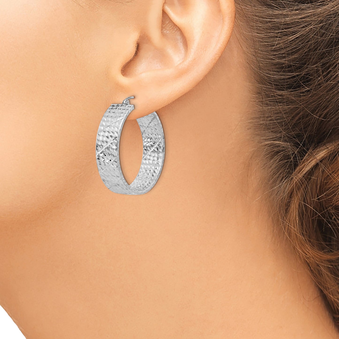 Sterling Silver Rhodium-plated Diamond-cut 7.75x30mm Hoop Earrings