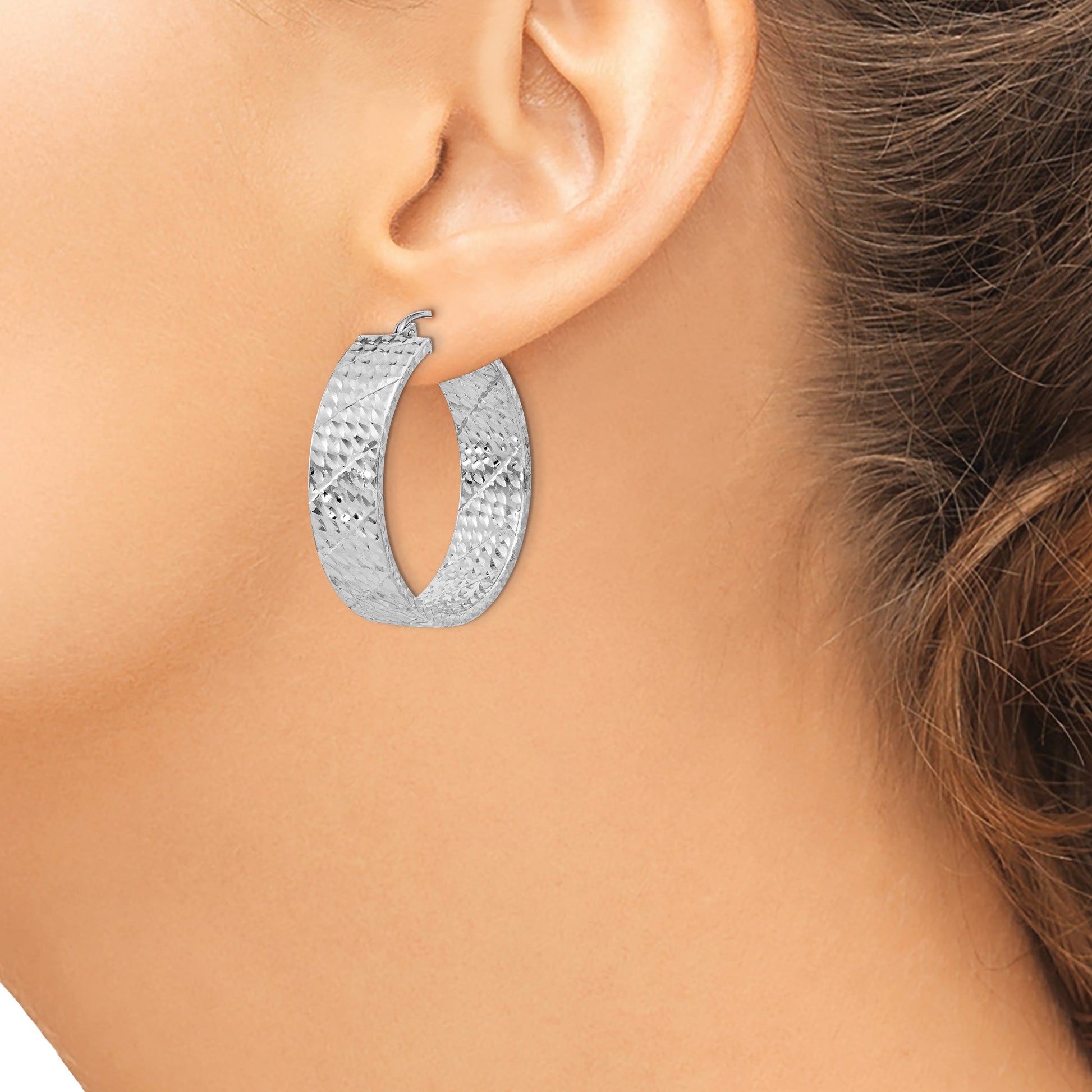 Sterling Silver Rhodium-plated Diamond-cut 7.75x30mm Hoop Earrings