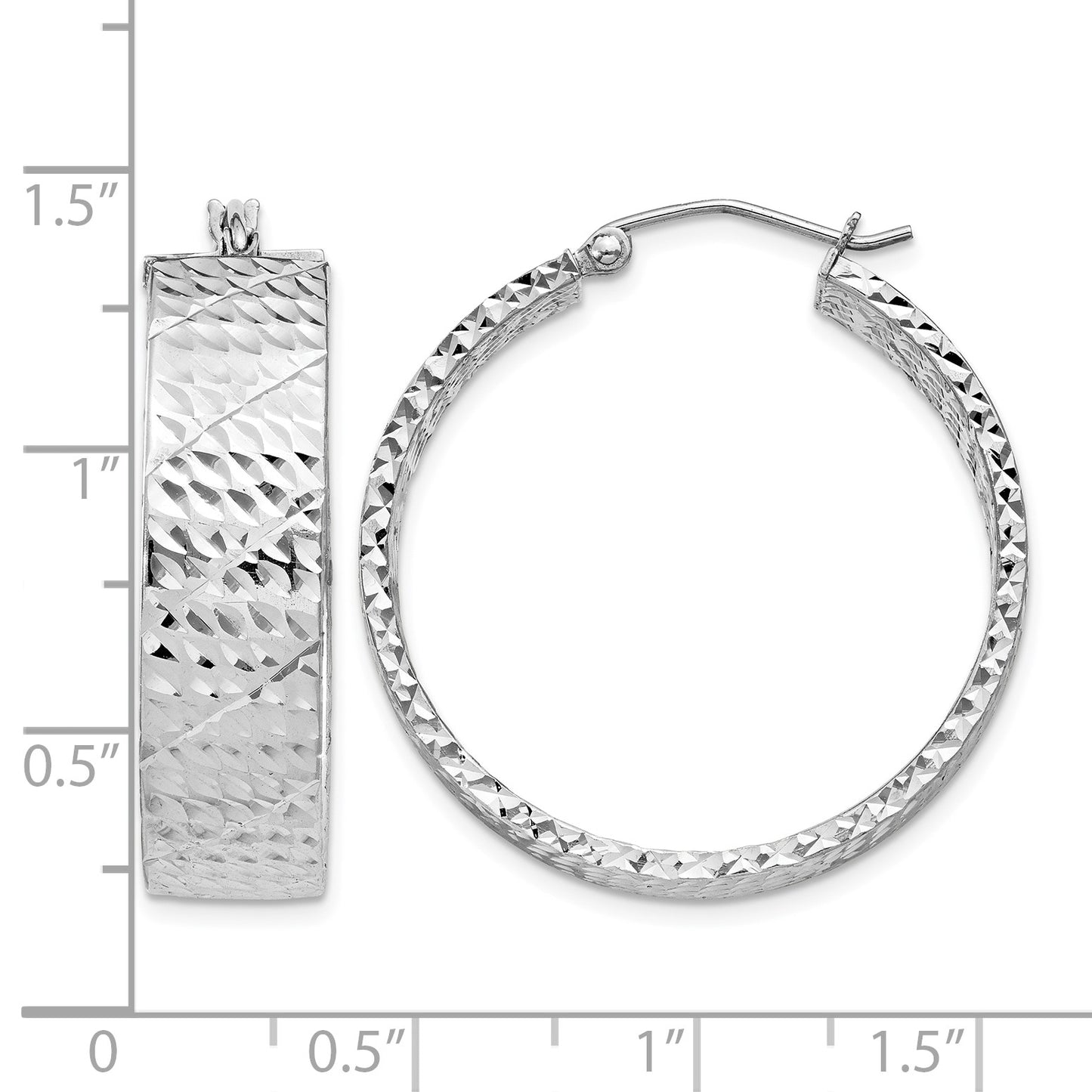 Sterling Silver Rhodium-plated Diamond-cut 7.75x30mm Hoop Earrings