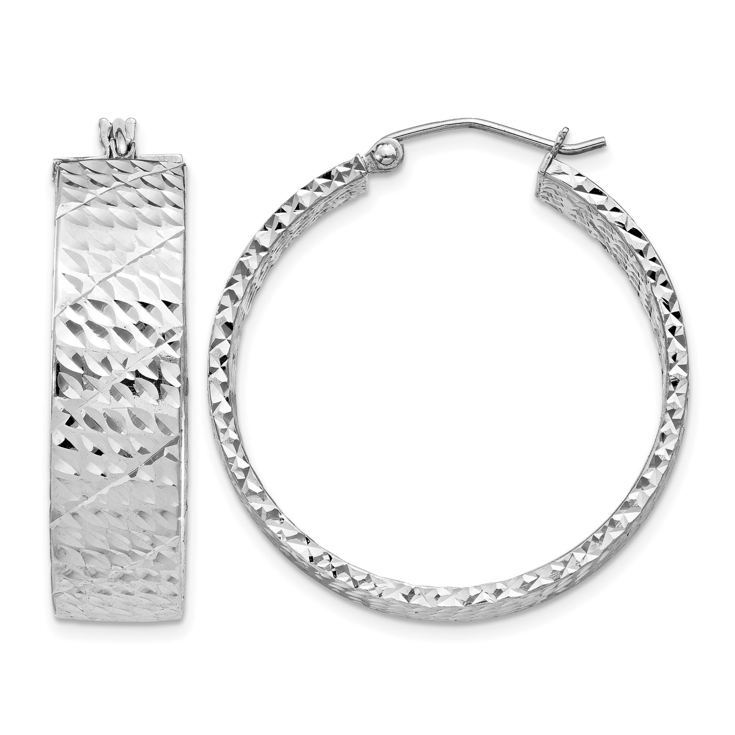 Sterling Silver Rhodium-plated Diamond-cut 7.75x30mm Hoop Earrings