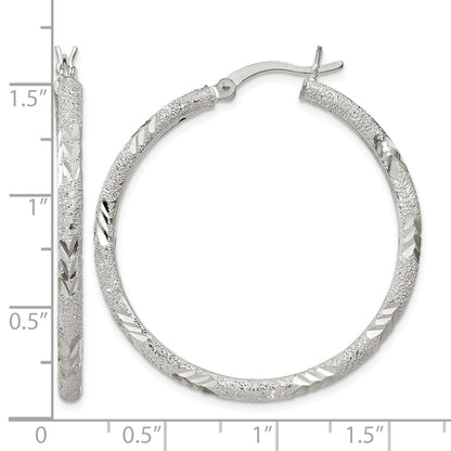 Sterling Silver 2.5mm Diamond-cut Laser-cut Hinged Hoop Earrings