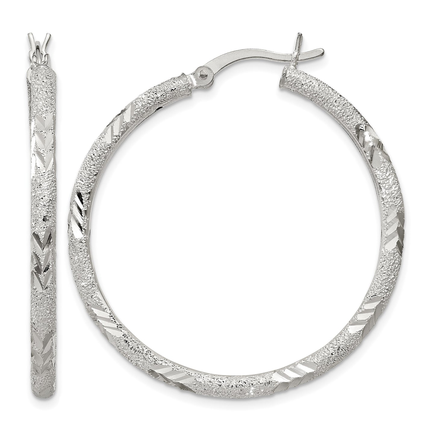 Sterling Silver 2.5mm Diamond-cut Laser-cut Hinged Hoop Earrings