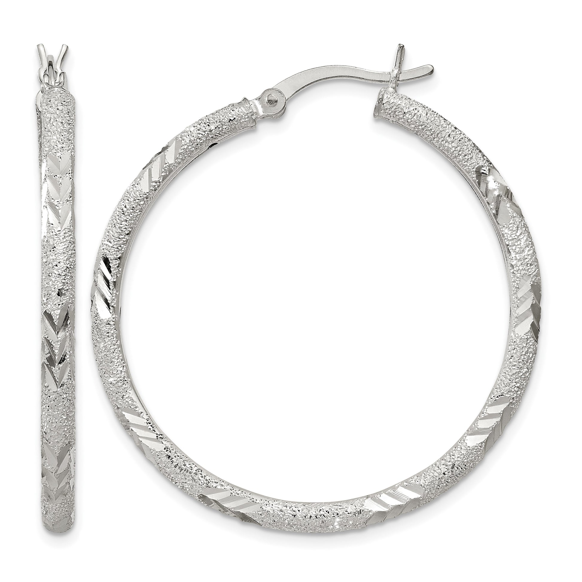 Sterling Silver 2.5mm Diamond-cut Laser-cut Hinged Hoop Earrings