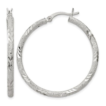 Sterling Silver 2.5mm Diamond-cut Laser-cut Hinged Hoop Earrings
