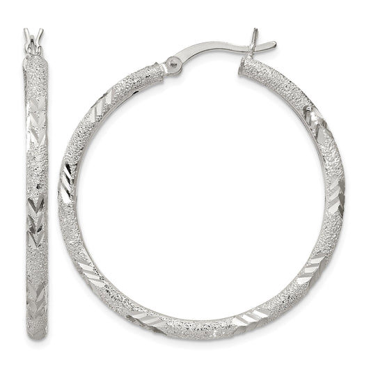 Sterling Silver 2.5mm Diamond-cut Laser-cut Hinged Hoop Earrings