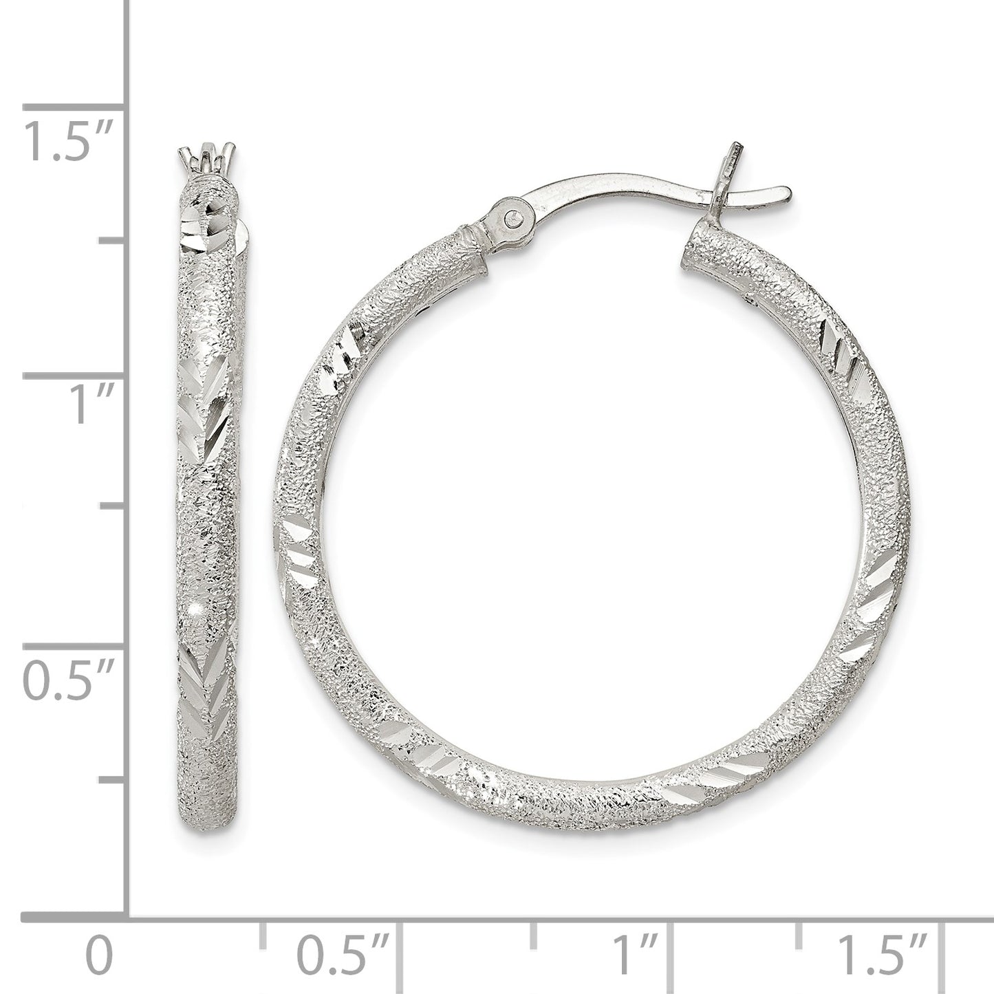 Sterling Silver 2.5mm Diamond-cut Laser-cut Hinged Hoop Earrings