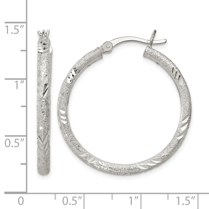 Sterling Silver 2.5mm Diamond-cut Laser-cut Hinged Hoop Earrings