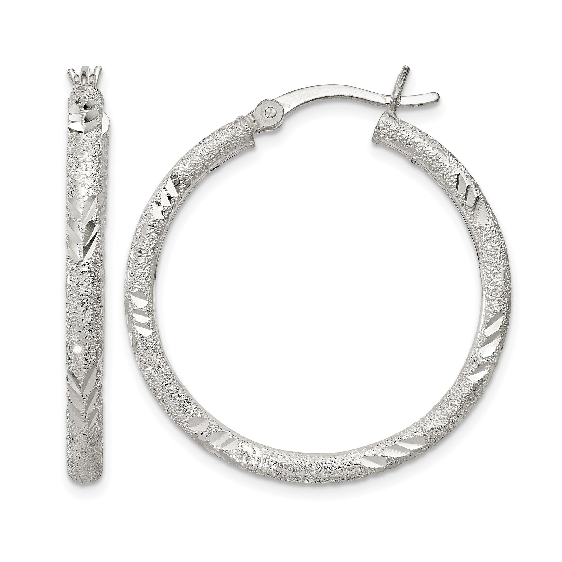 Sterling Silver 2.5mm Diamond-cut Laser-cut Hinged Hoop Earrings