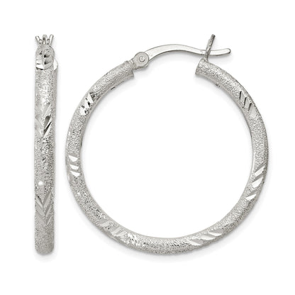 Sterling Silver 2.5mm Diamond-cut Laser-cut Hinged Hoop Earrings