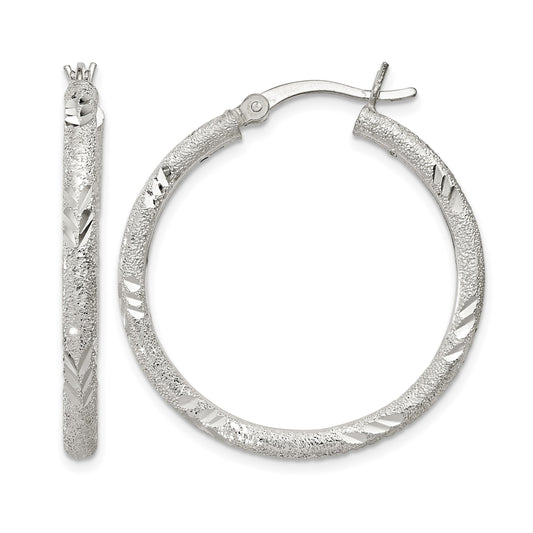 Sterling Silver 2.5mm Diamond-cut Laser-cut Hinged Hoop Earrings