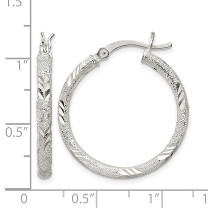 Sterling Silver 2.5mm Diamond-cut Laser-cut Hinged Hoop Earrings