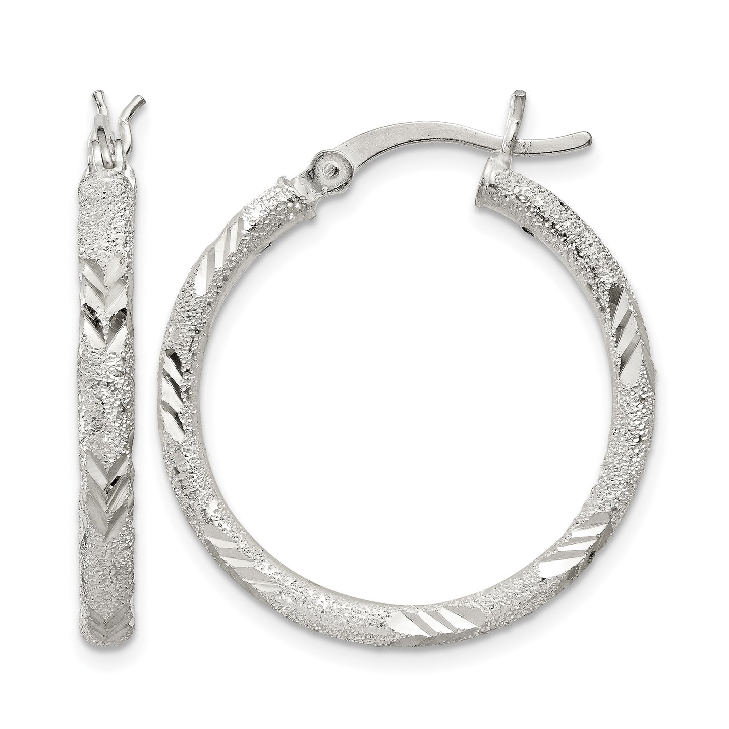Sterling Silver 2.5mm Diamond-cut Laser-cut Hinged Hoop Earrings