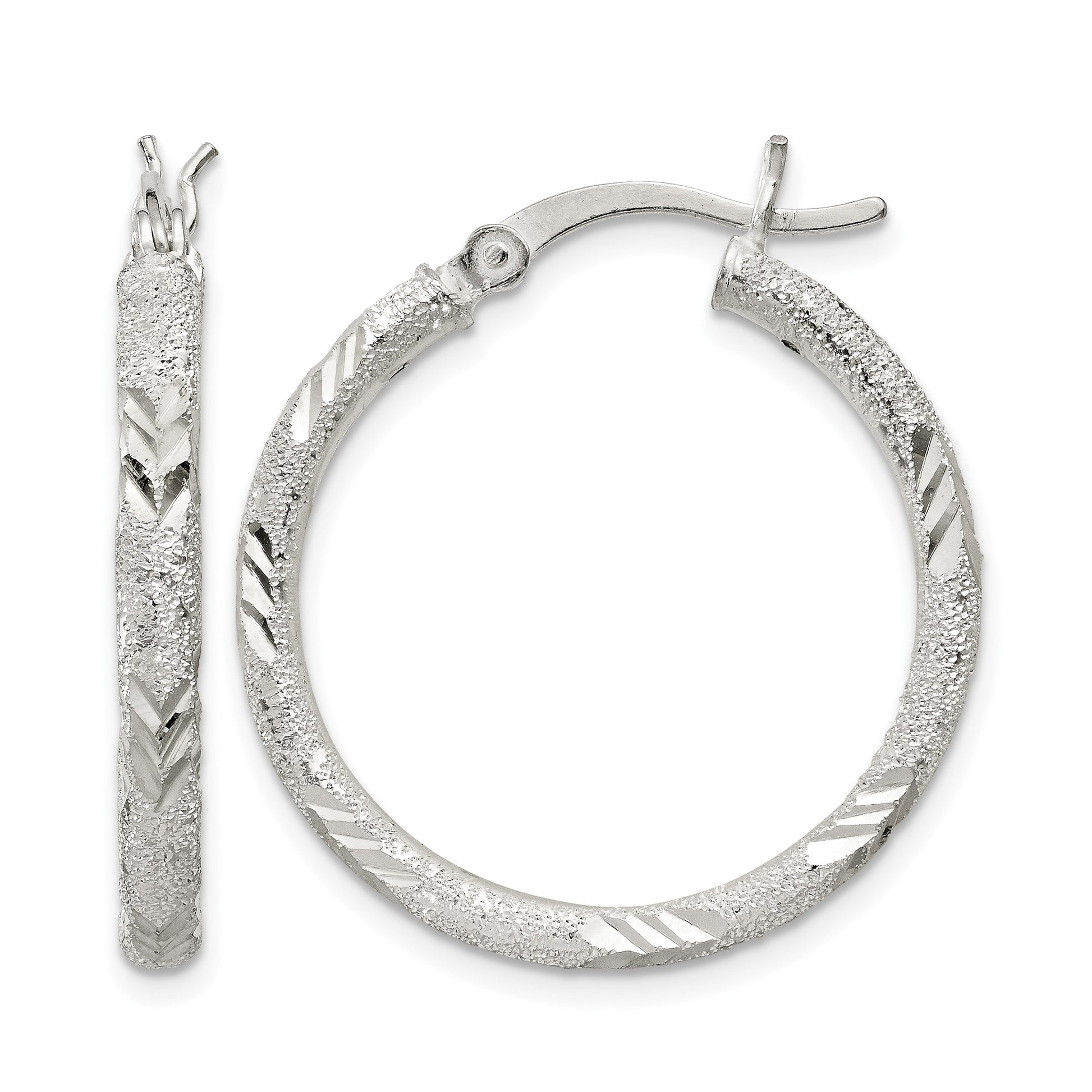 Sterling Silver 2.5mm Diamond-cut Laser-cut Hinged Hoop Earrings