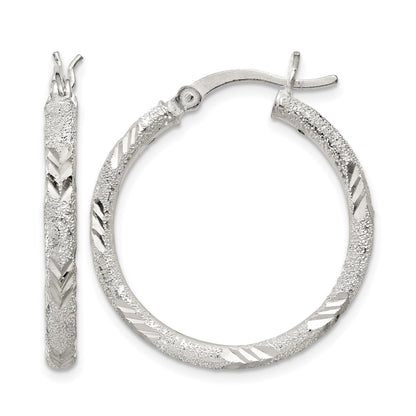 Sterling Silver 2.5mm Diamond-cut Laser-cut Hinged Hoop Earrings