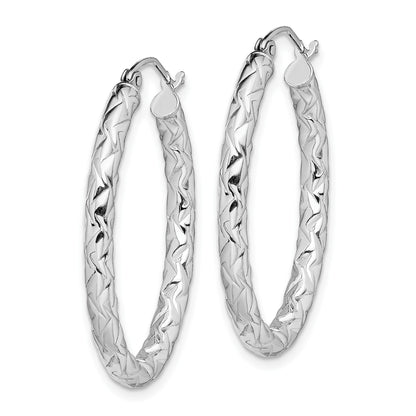 Sterling Silver RH-plated D/C Textured 3mm Oval Hoop Earrings