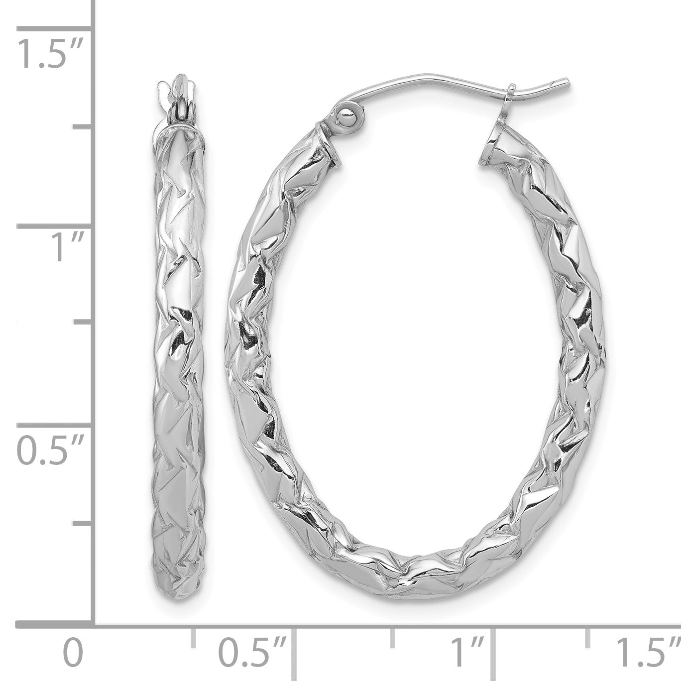 Sterling Silver RH-plated D/C Textured 3mm Oval Hoop Earrings