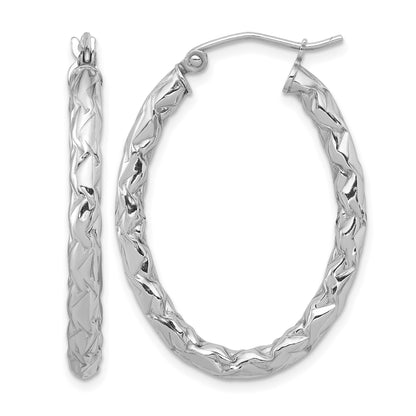 Sterling Silver RH-plated D/C Textured 3mm Oval Hoop Earrings