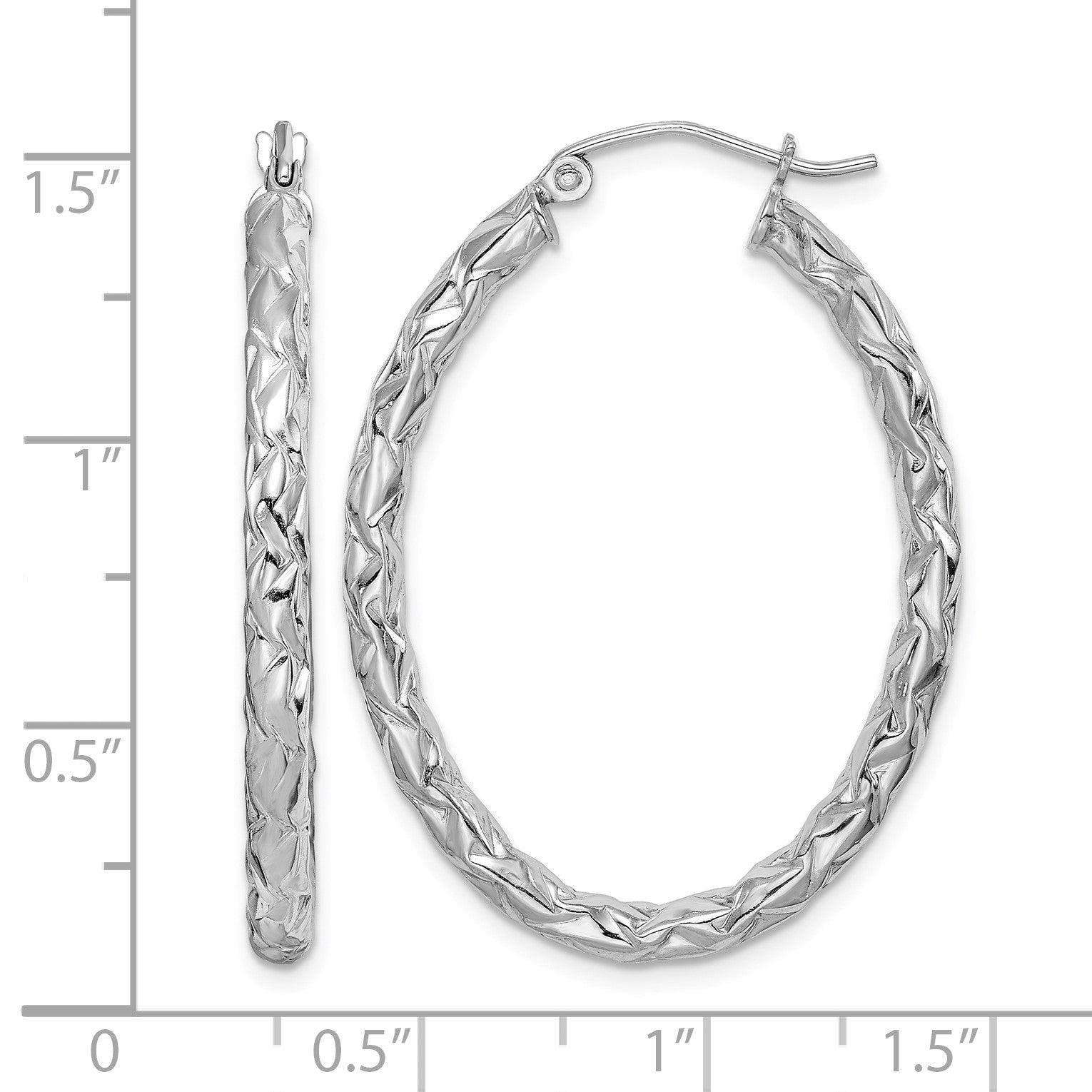 Sterling Silver RH-plated D/C Textured 3mm Oval Hoop Earrings