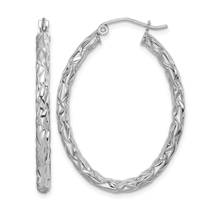 Sterling Silver RH-plated D/C Textured 3mm Oval Hoop Earrings