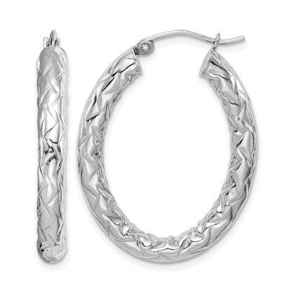 Sterling Silver RH-plated D/C Textured 4mm Oval Hoop Earrings