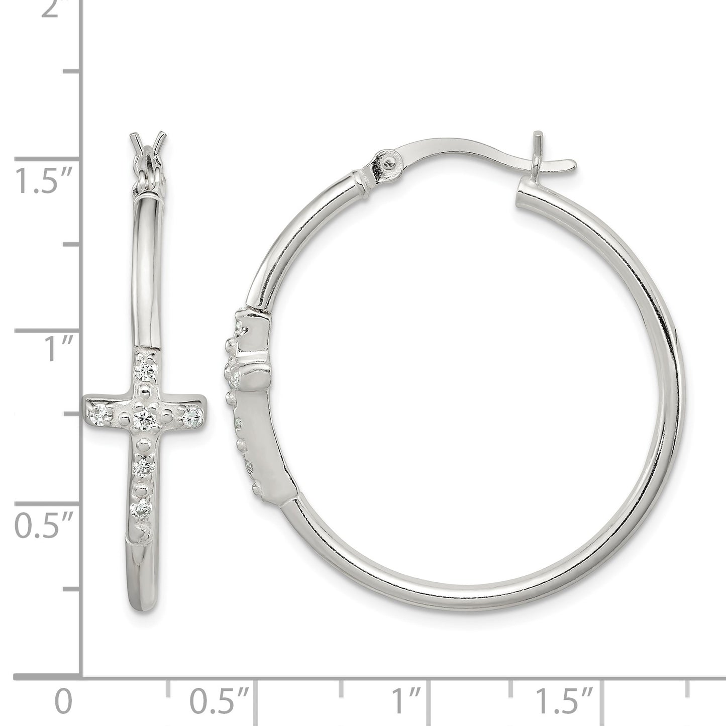 Sterling Silver Polished CZ Cross 2.5mm Round Hoop Earrings