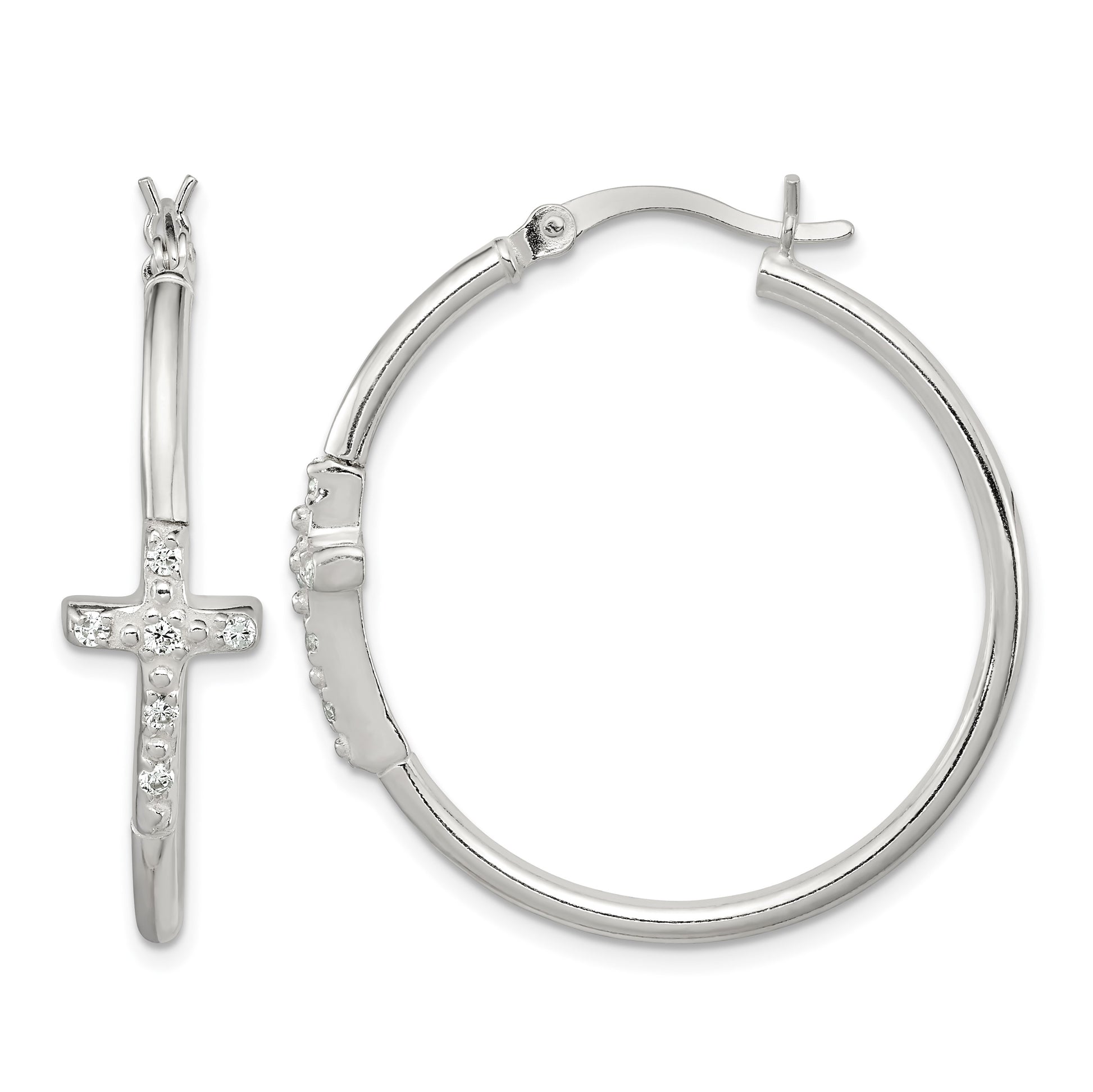 Sterling Silver Polished CZ Cross 2.5mm Round Hoop Earrings