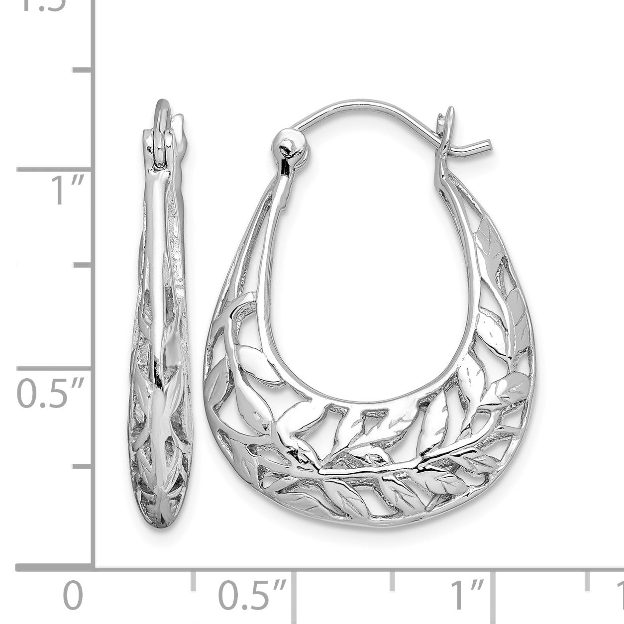 Sterling Silver Rhodium-plated Polished Leaves Oval Hoop Earrings