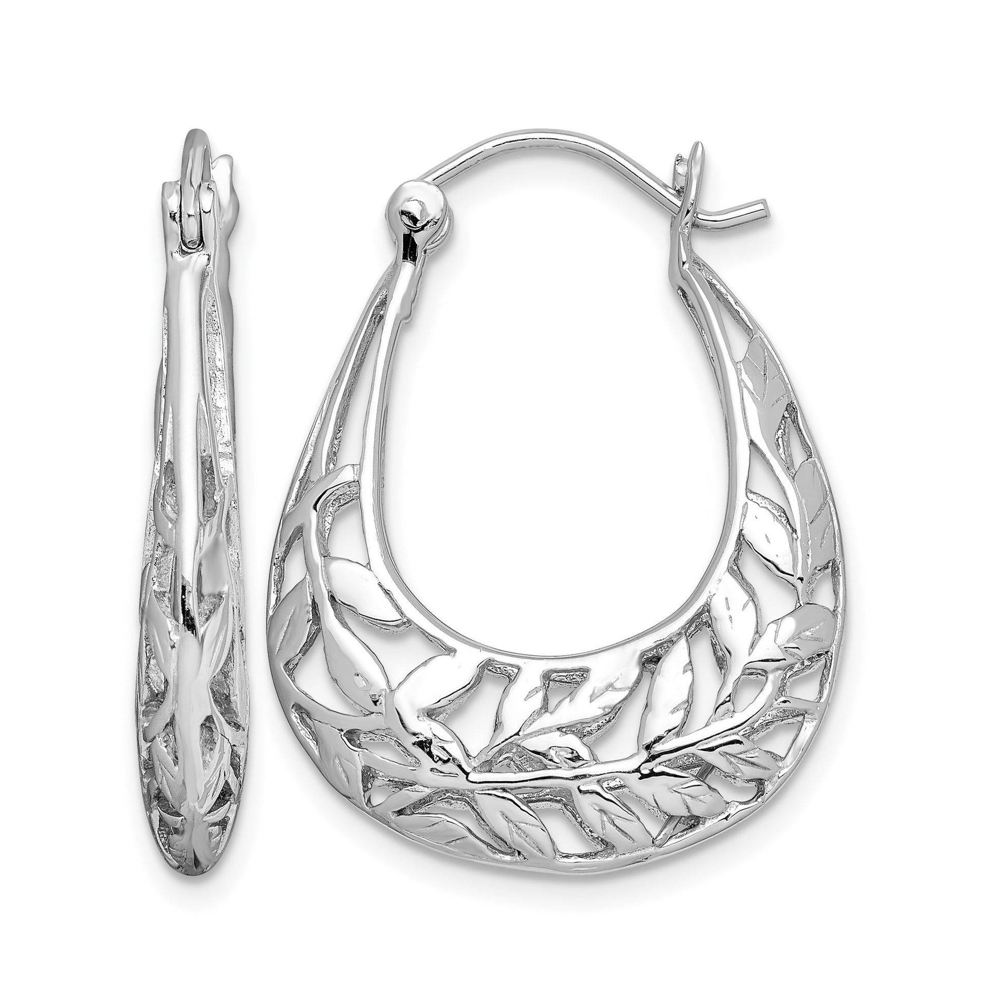 Sterling Silver Rhodium-plated Polished Leaves Oval Hoop Earrings
