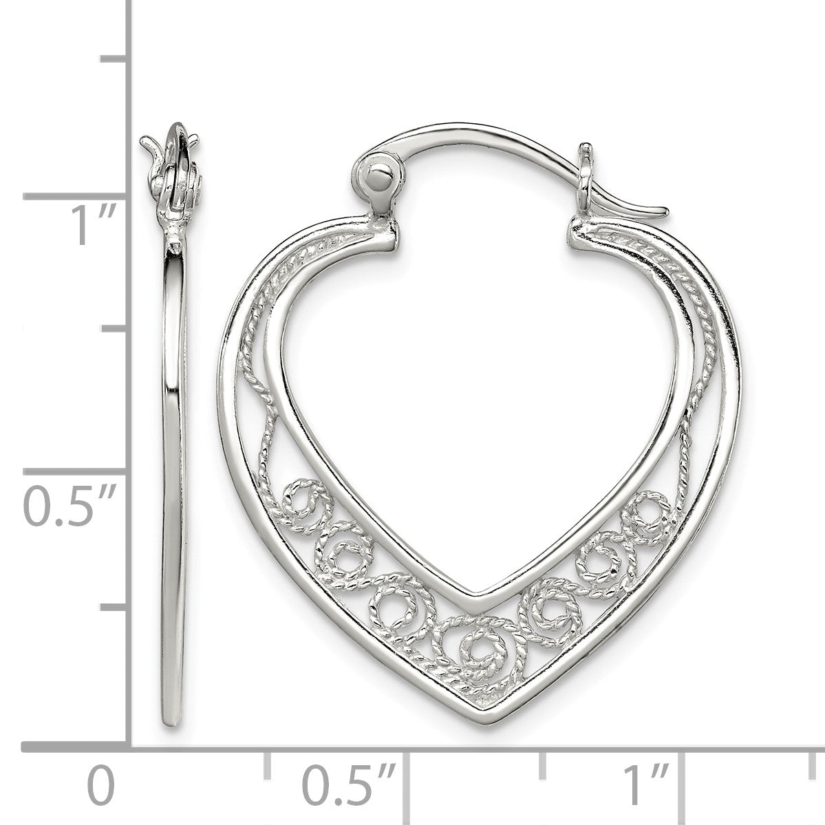 Sterling Silver Polished Filigree Heart Hoop Earrings
