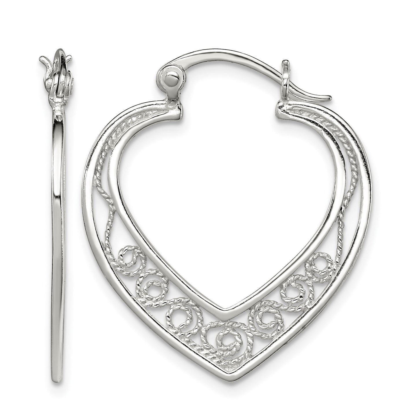 Sterling Silver Polished Filigree Heart Hoop Earrings