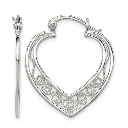 Sterling Silver Polished Filigree Heart Hoop Earrings