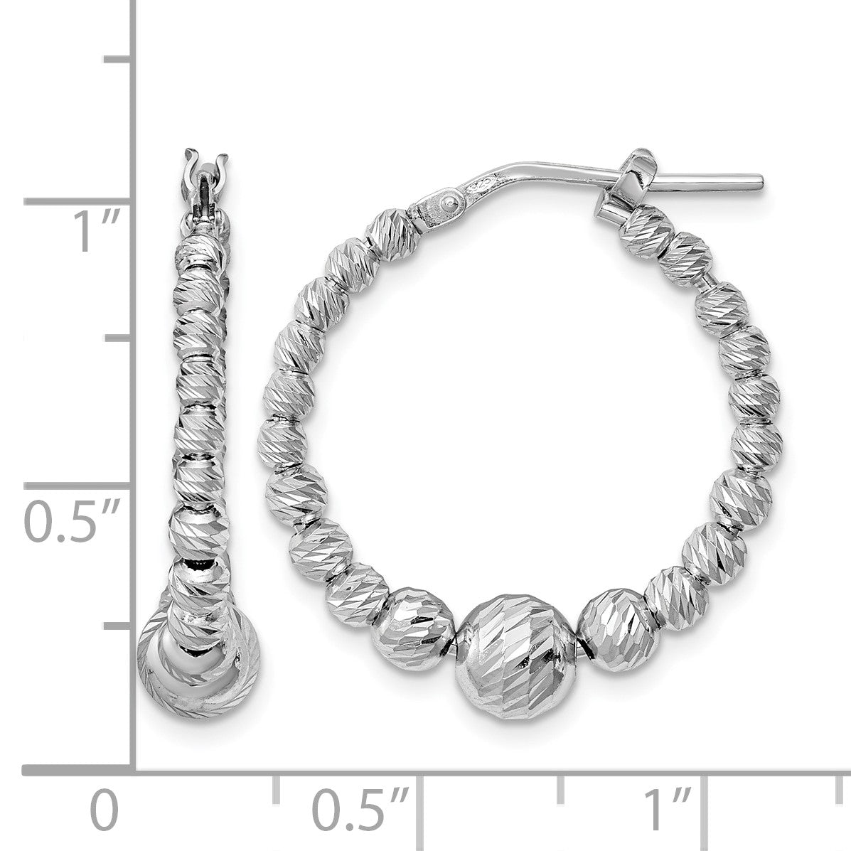 Sterling Silver Rhodium-plated Diamond-cut Beaded Hoop Earrings