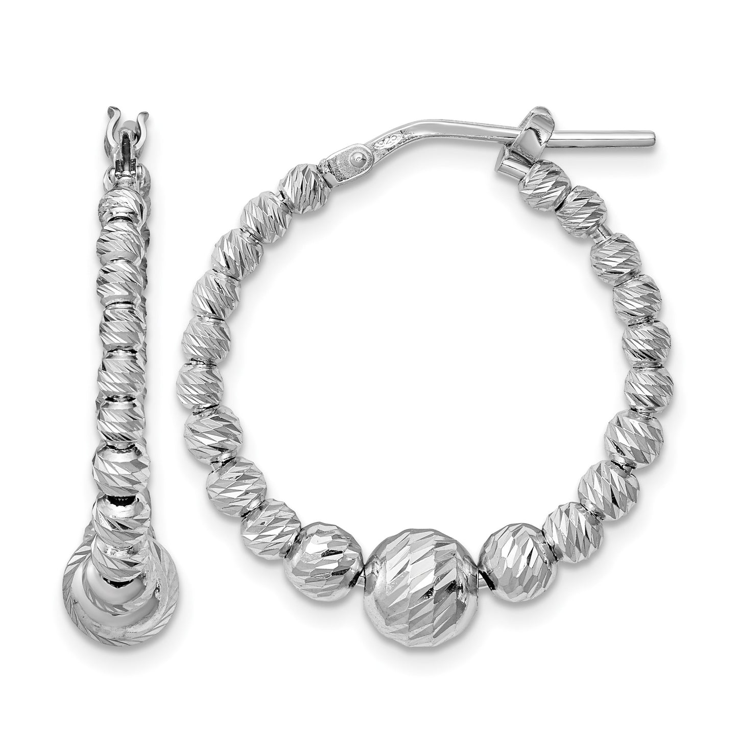 Sterling Silver Rhodium-plated Diamond-cut Beaded Hoop Earrings