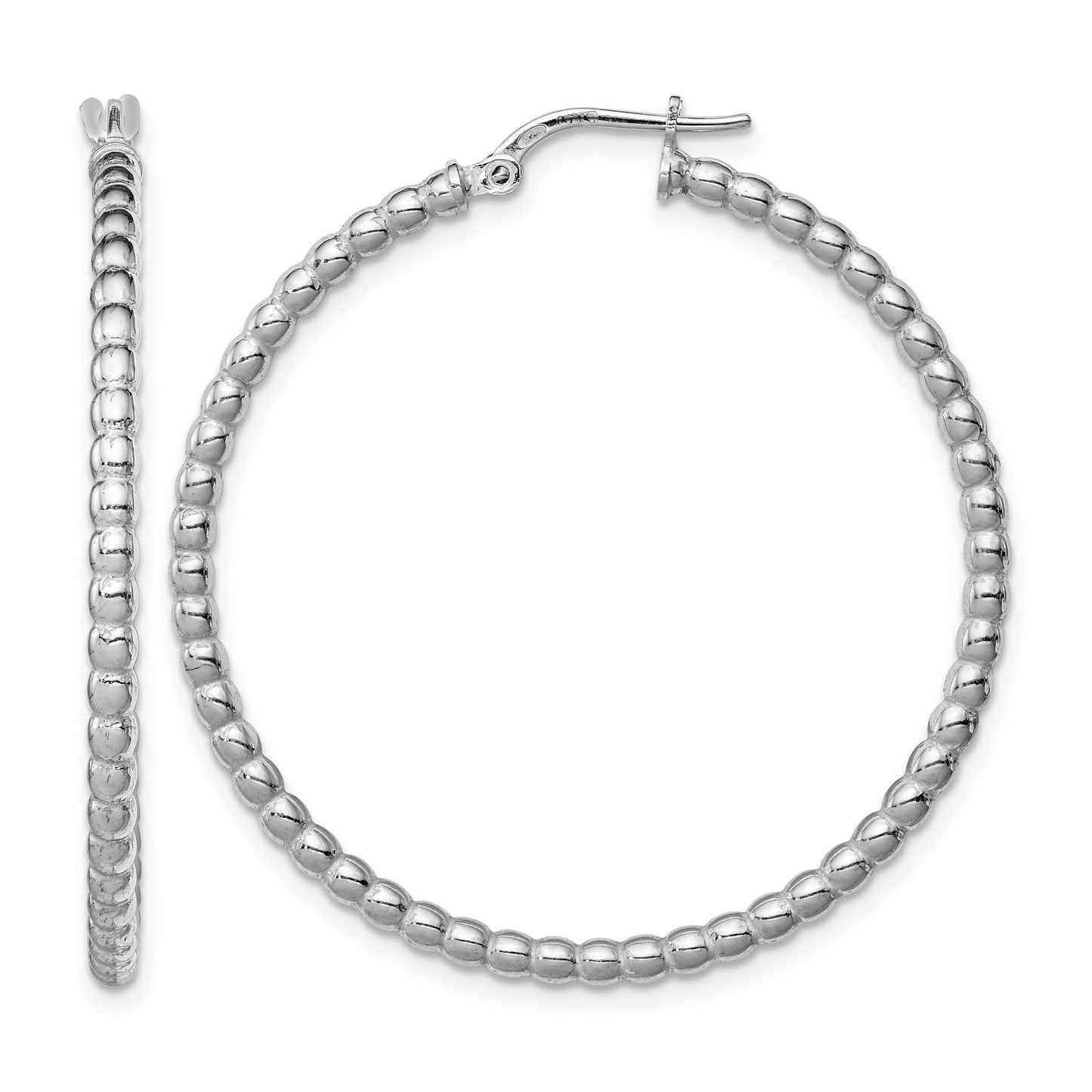 Sterling Silver Rhodium-plated Beaded 3x35mm Hoop Earrings