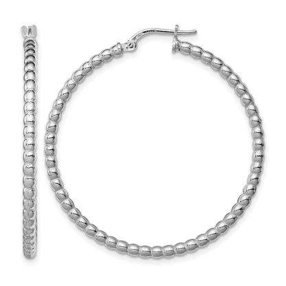 Sterling Silver Rhodium-plated Beaded 3x35mm Hoop Earrings