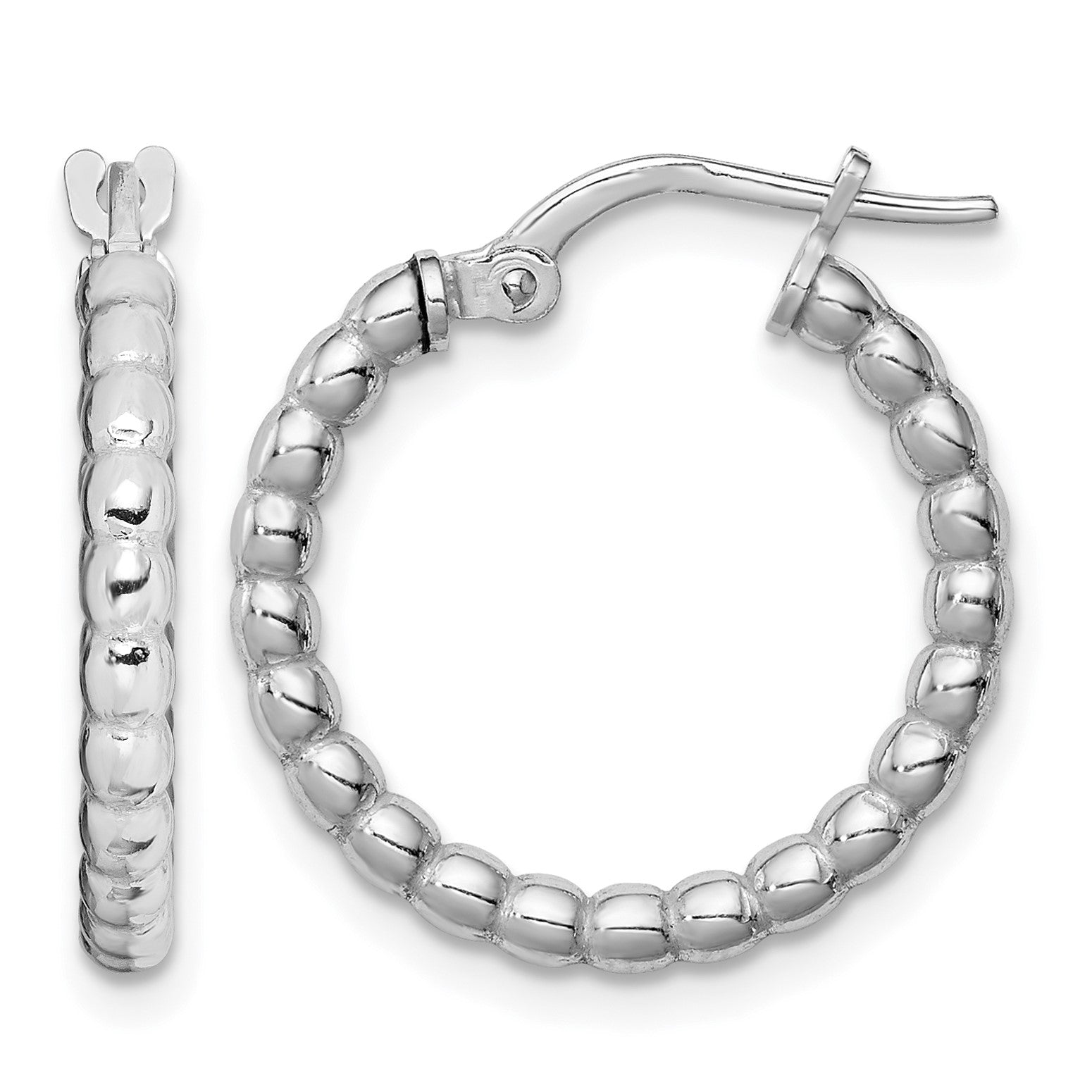 Sterling Silver Rhodium-plated Beaded 3x15mm Hoop Earrings