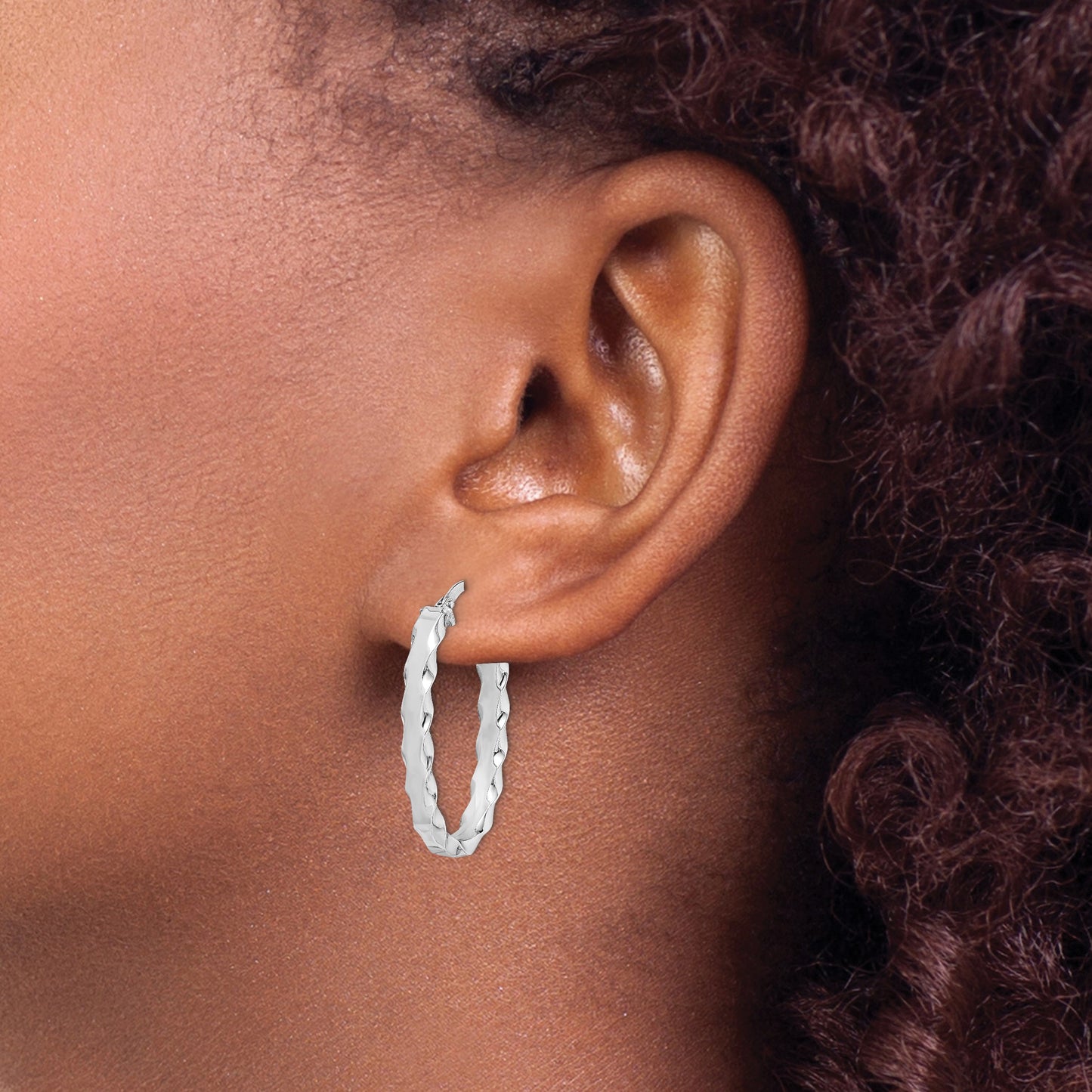 Sterling Silver RH-plated Scalloped Edge 4mm Oval Hoop Earrings