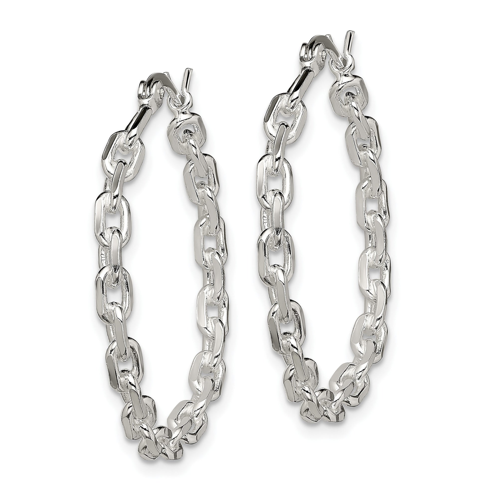 Sterling Silver Polished Cable Chain 3x30mm Hoop Earrings