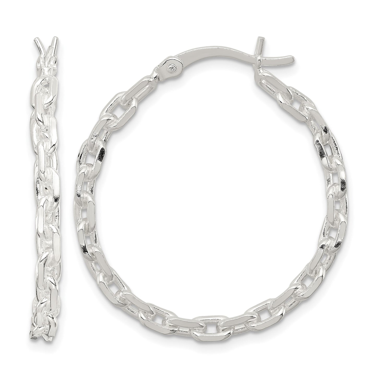 Sterling Silver Polished Cable Chain 3x30mm Hoop Earrings