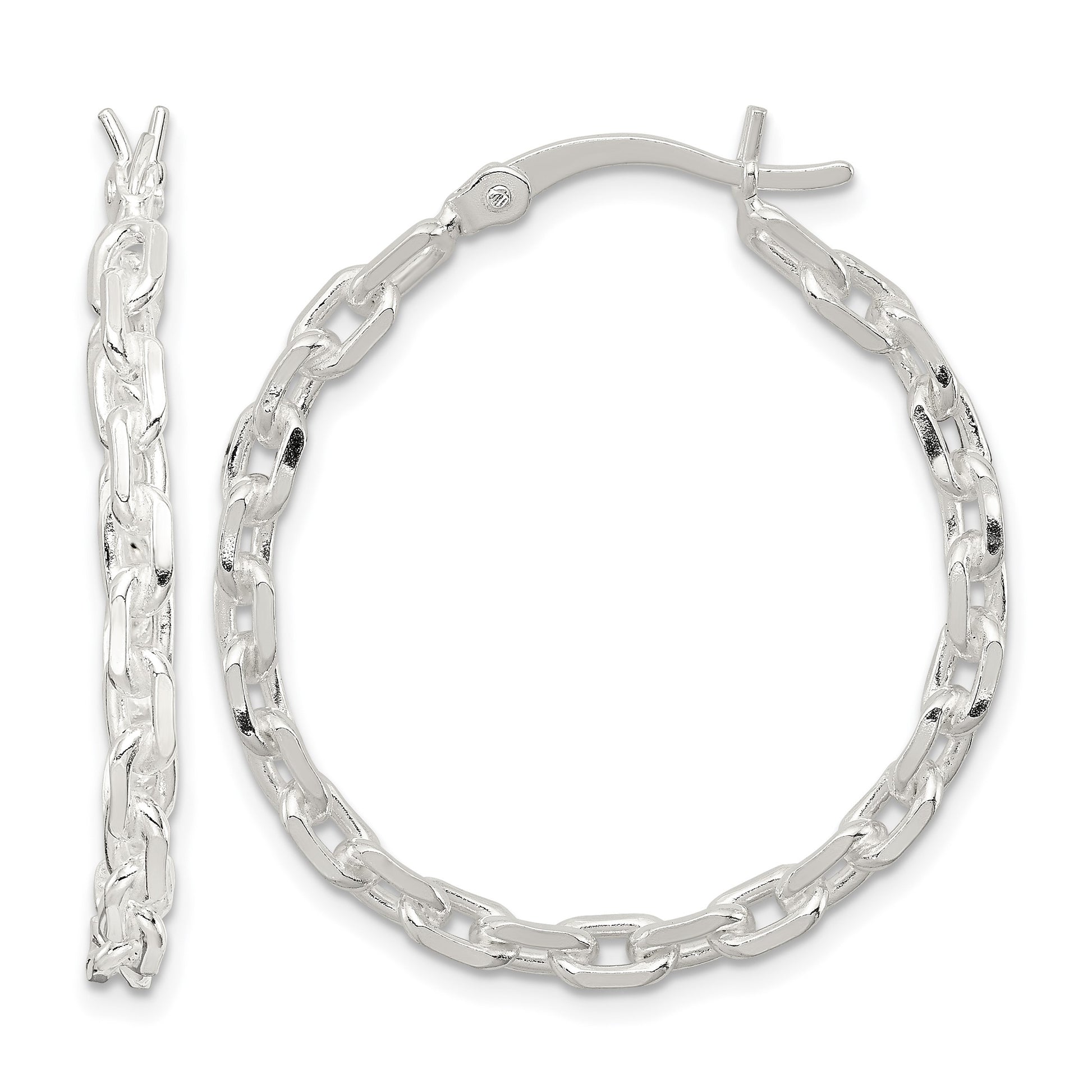 Sterling Silver Polished Cable Chain 3x30mm Hoop Earrings