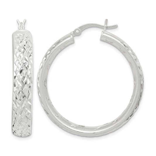 Sterling Silver Satin & Diamond-cut 5mm Round Hoop Earrings