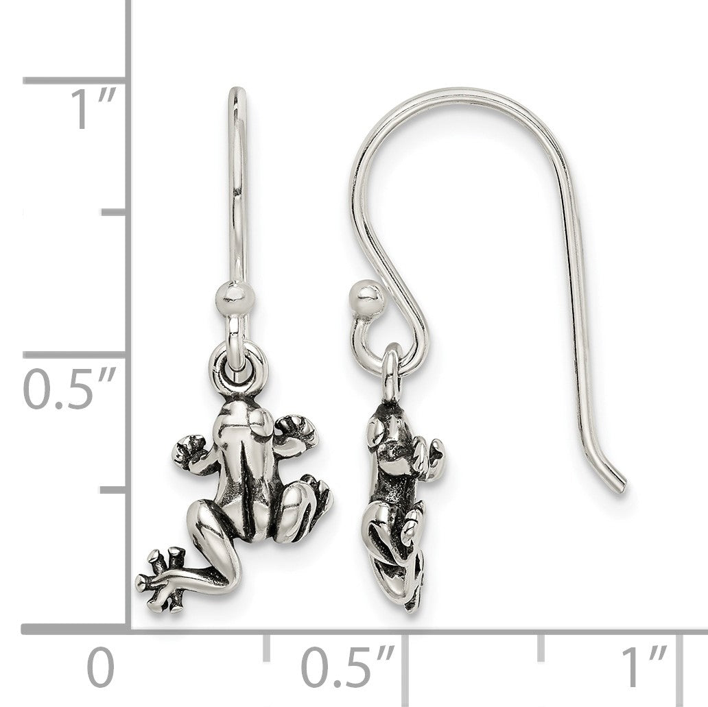 Sterling Silver and Antiqued Frog Shepherd Hook Earrings