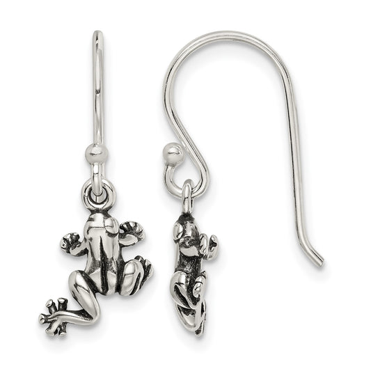 Sterling Silver and Antiqued Frog Shepherd Hook Earrings