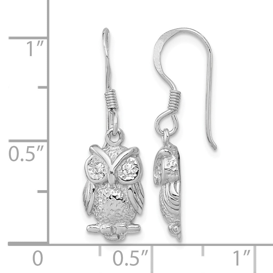Sterling Silver Rhodium-plated CZ Owl Shepherd Hook Earrings