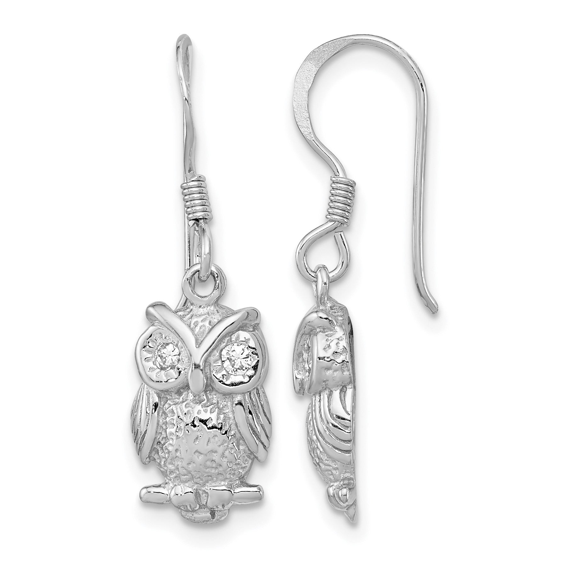Sterling Silver Rhodium-plated CZ Owl Shepherd Hook Earrings