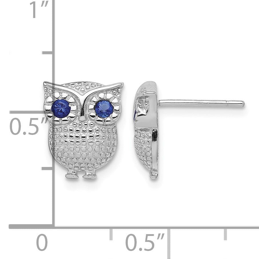 Sterling Silver RH-plated Blue Glass Owl Post Earrings