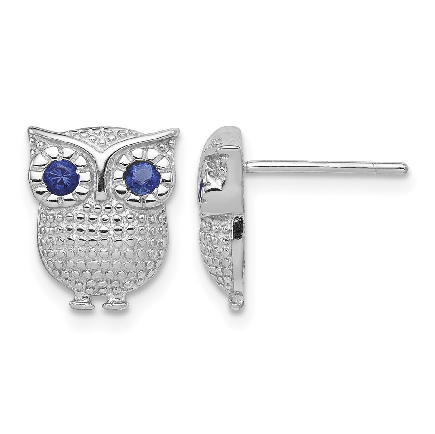 Sterling Silver RH-plated Blue Glass Owl Post Earrings