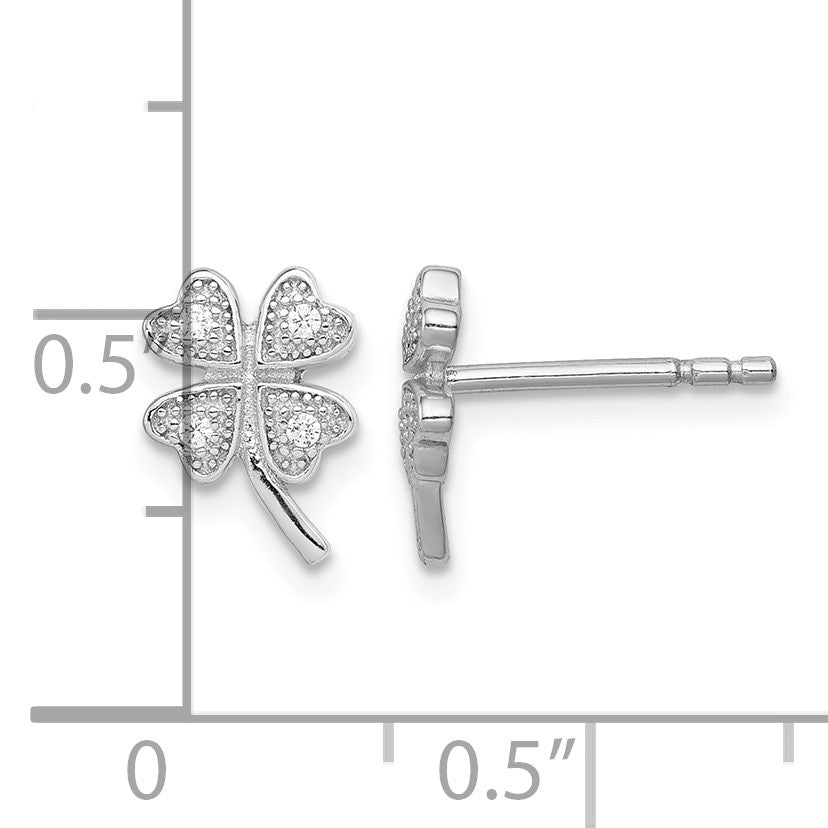 Sterling Silver Rhodium-plated Polished CZ 4 Leaf Clover Post Earrings