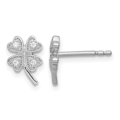 Sterling Silver Rhodium-plated Polished CZ 4 Leaf Clover Post Earrings