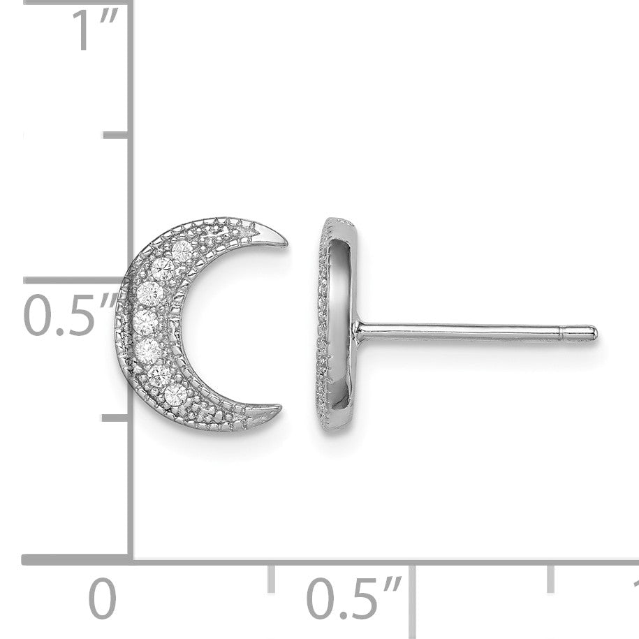 Sterling Silver Rhodium-plated CZ Crescent Moon Post Earrings